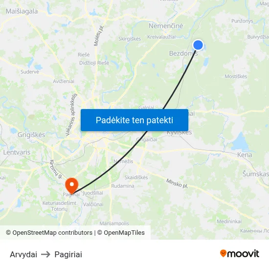 Arvydai to Pagiriai map