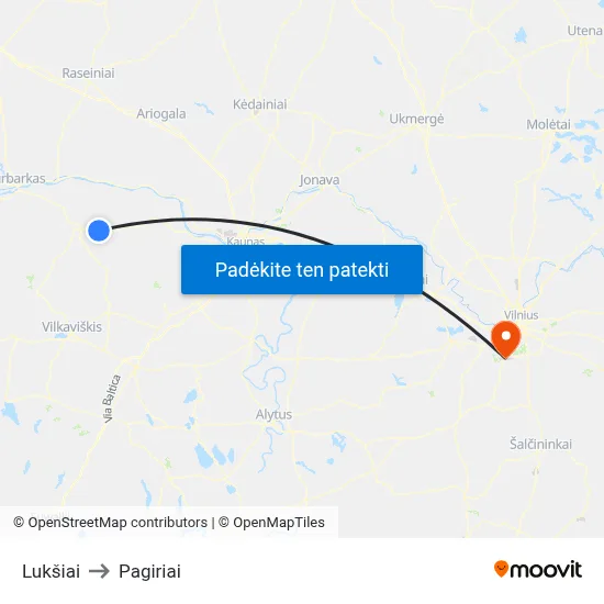 Lukšiai to Pagiriai map