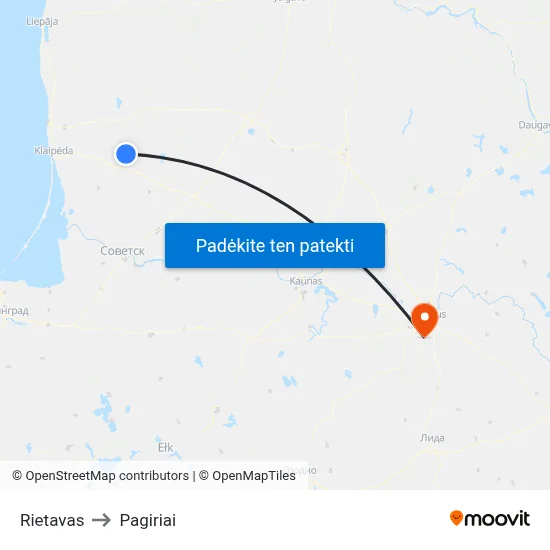 Rietavas to Pagiriai map