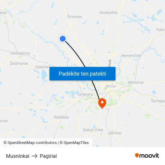 Musninkai to Pagiriai map