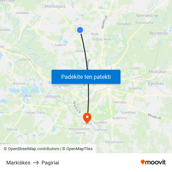 Markiškės to Pagiriai map