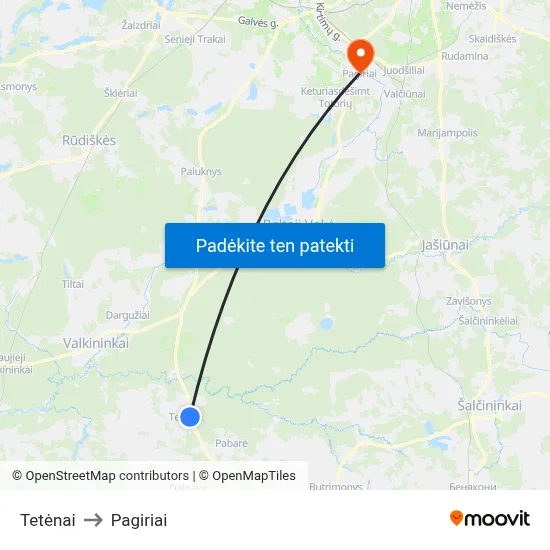Tetėnai to Pagiriai map