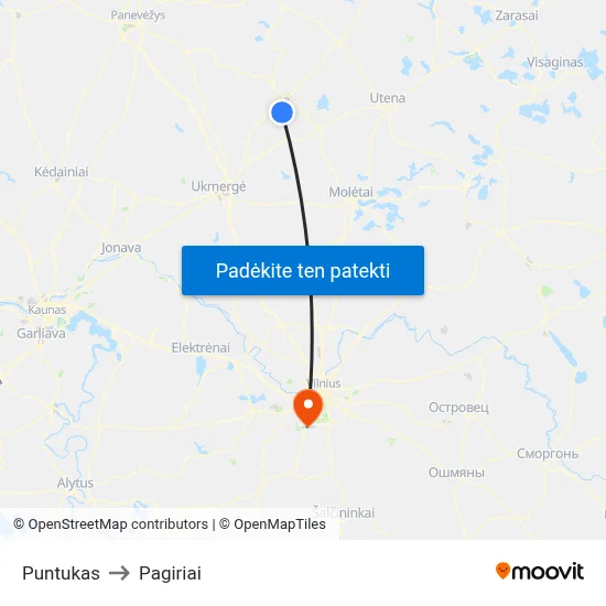 Puntukas to Pagiriai map