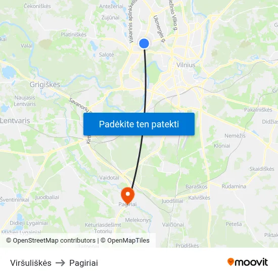 Viršuliškės to Pagiriai map