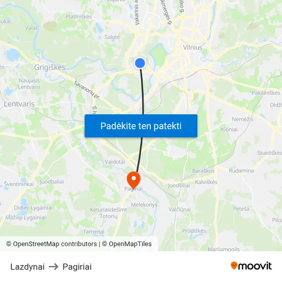 Lazdynai to Pagiriai map