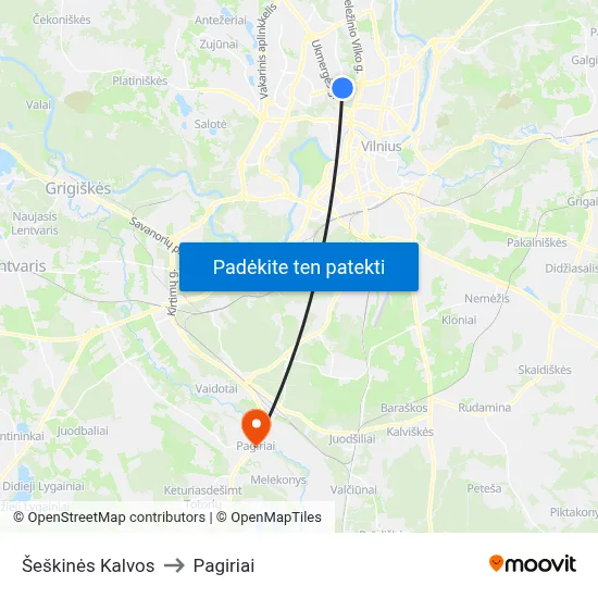 Šeškinės Kalvos to Pagiriai map