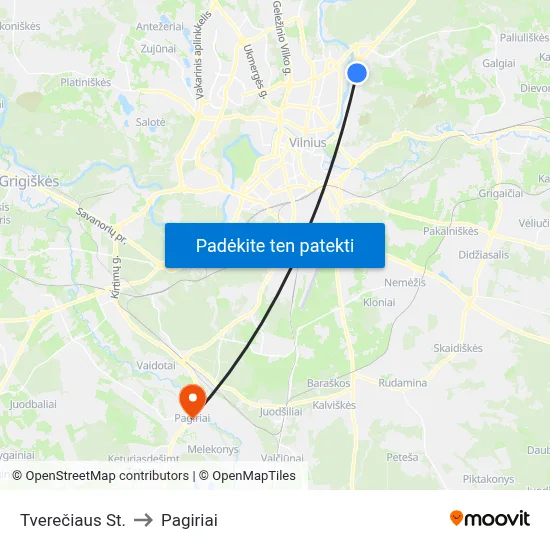 Tverečiaus St. to Pagiriai map