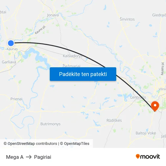 Mega A to Pagiriai map
