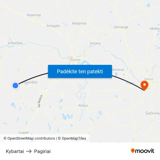 Kybartai to Pagiriai map