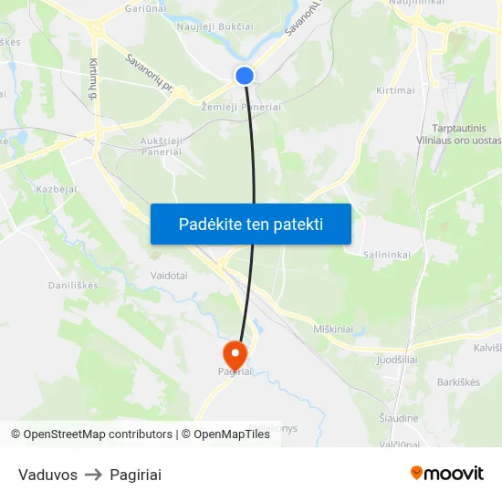 Vaduvos to Pagiriai map