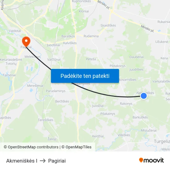 Akmeniškės I to Pagiriai map