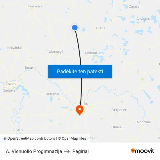 A. Vienuolio Progimnazija to Pagiriai map