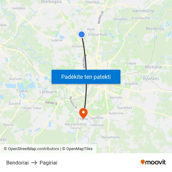 Bendoriai to Pagiriai map