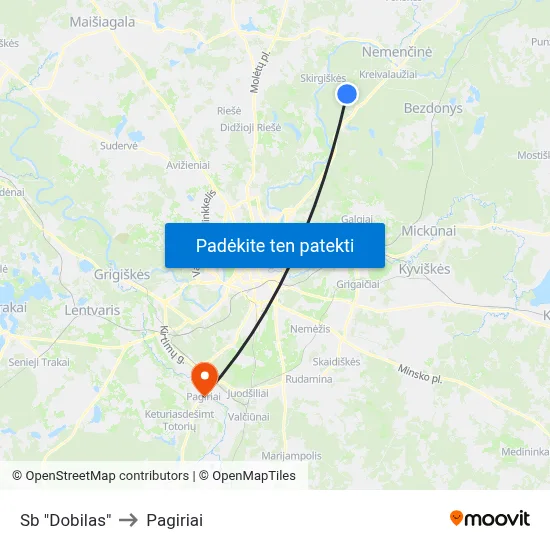 Sb "Dobilas" to Pagiriai map