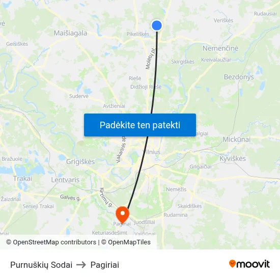 Purnuškių Sodai to Pagiriai map