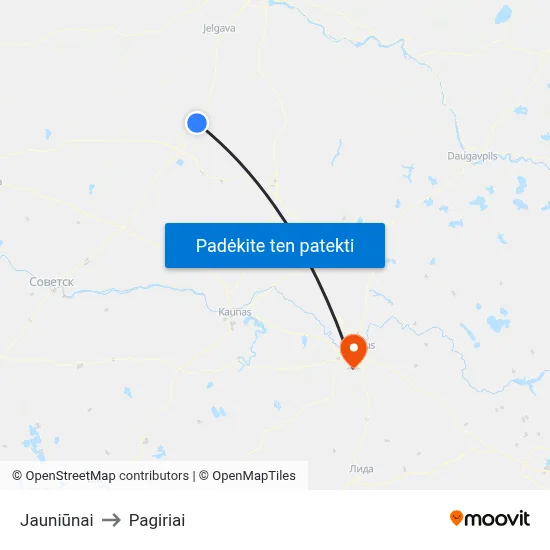 Jauniūnai to Pagiriai map