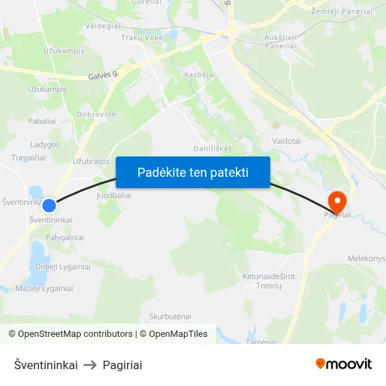 Šventininkai to Pagiriai map