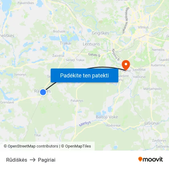 Rūdiškės to Pagiriai map
