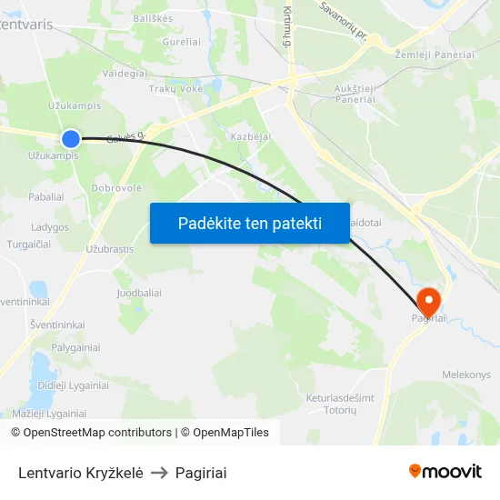 Lentvario Kryžkelė to Pagiriai map