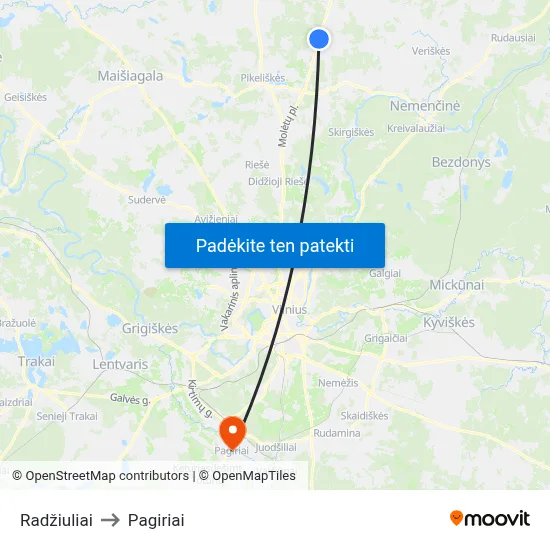 Radžiuliai to Pagiriai map
