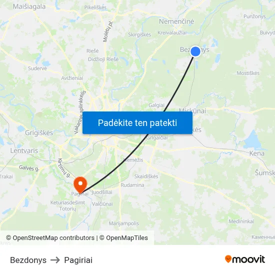 Bezdonys to Pagiriai map