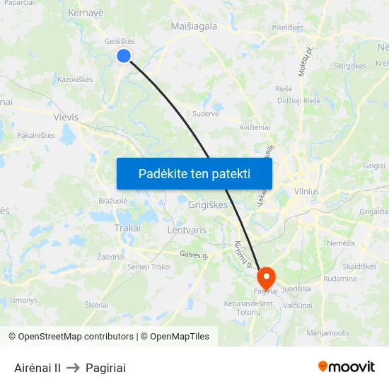 Airėnai II to Pagiriai map
