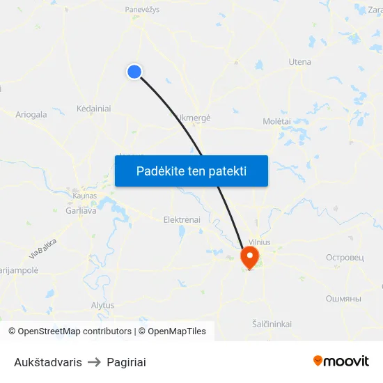 Aukštadvaris to Pagiriai map