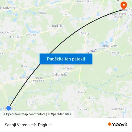 Senoji Varėna to Pagiriai map