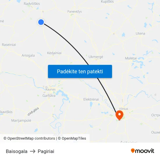 Baisogala to Pagiriai map