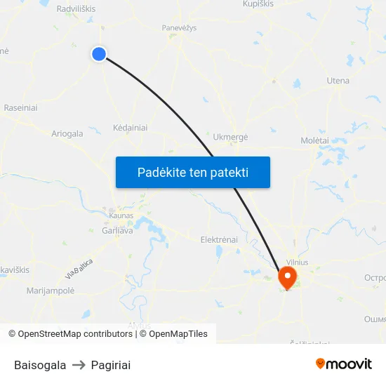Baisogala to Pagiriai map