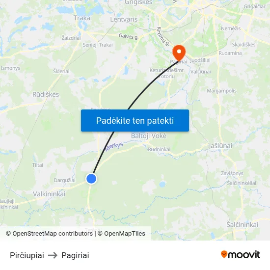 Pirčiupiai to Pagiriai map