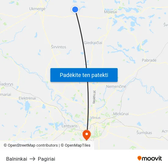 Balninkai to Pagiriai map