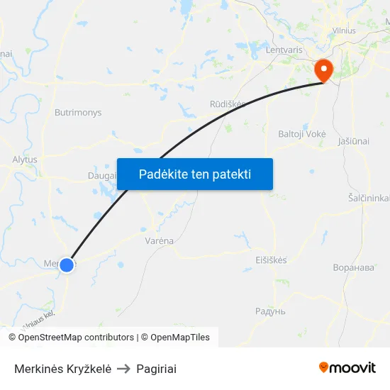Merkinės Kryžkelė to Pagiriai map