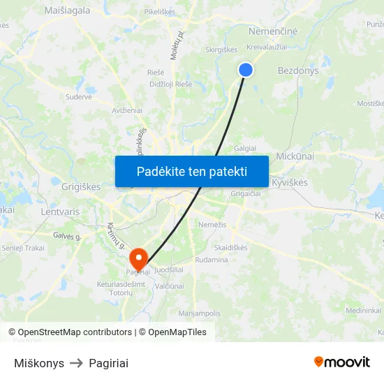 Miškonys to Pagiriai map