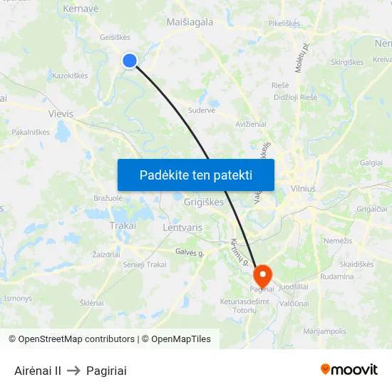Airėnai II to Pagiriai map
