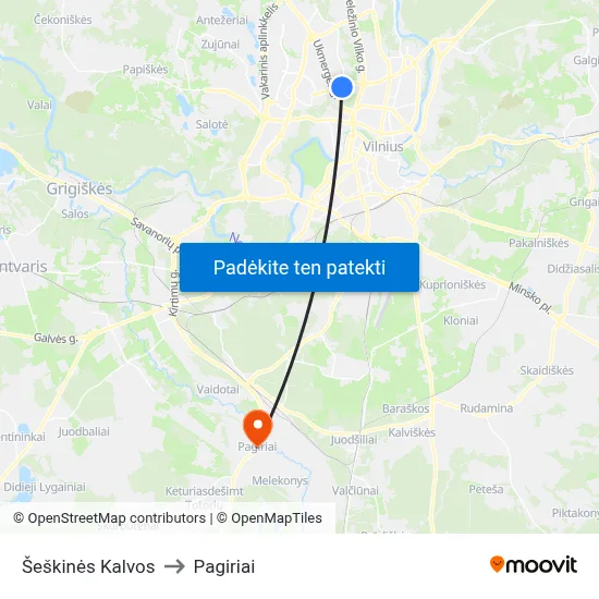 Šeškinės Kalvos to Pagiriai map