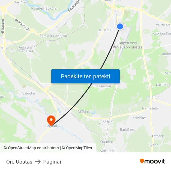 Oro Uostas to Pagiriai map