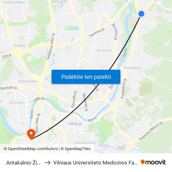 Antakalnio Žiedas to Vilniaus Universiteto Medicinos Fakultetas map