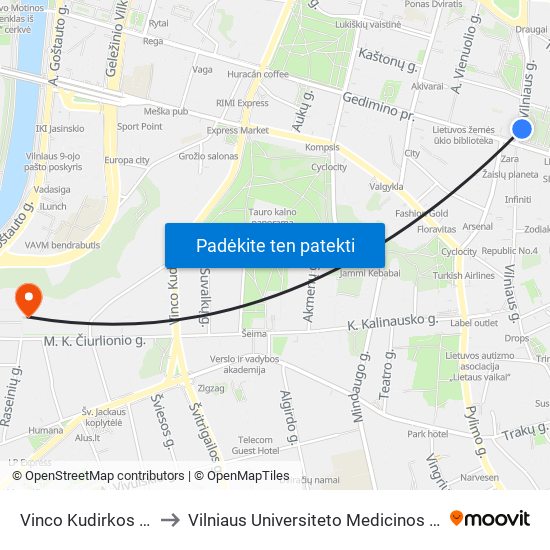 Vinco Kudirkos Aikštė to Vilniaus Universiteto Medicinos Fakultetas map