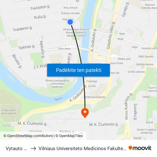 Vytauto St. to Vilniaus Universiteto Medicinos Fakultetas map