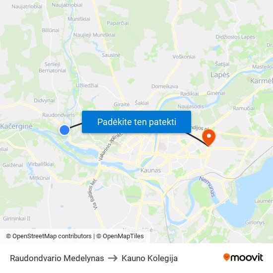 Raudondvario Medelynas to Kauno Kolegija map