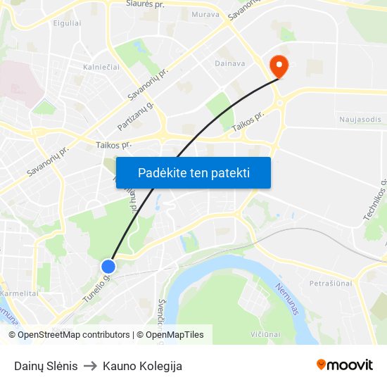 Dainų Slėnis to Kauno Kolegija map