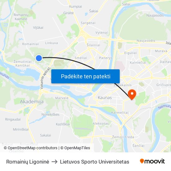 Romainių Ligoninė to Lietuvos Sporto Universitetas map