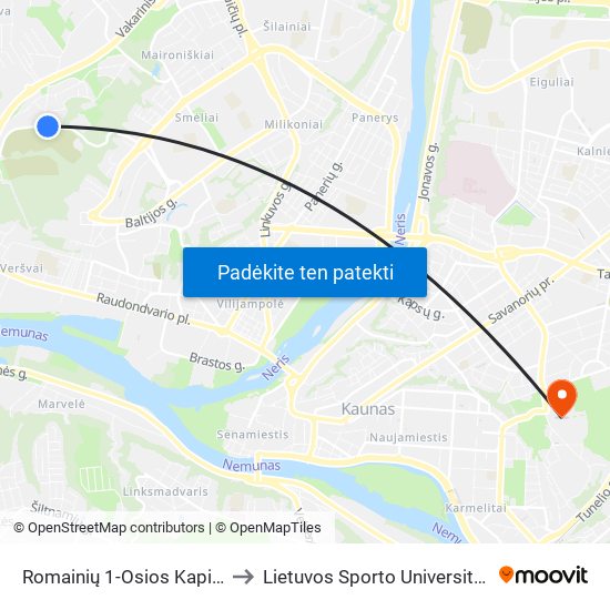 Romainių 1-Osios Kapinės to Lietuvos Sporto Universitetas map