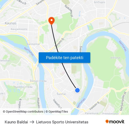 Kauno Baldai to Lietuvos Sporto Universitetas map