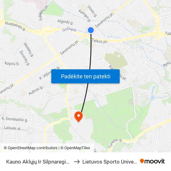 Kauno Aklųjų Ir Silpnaregių Centras to Lietuvos Sporto Universitetas map
