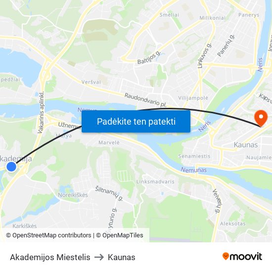 Akademijos Miestelis to Kaunas map
