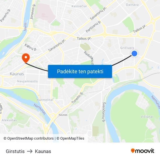Girstutis to Kaunas map