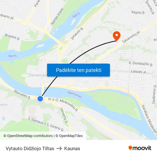 Vytauto Didžiojo Tiltas to Kaunas map