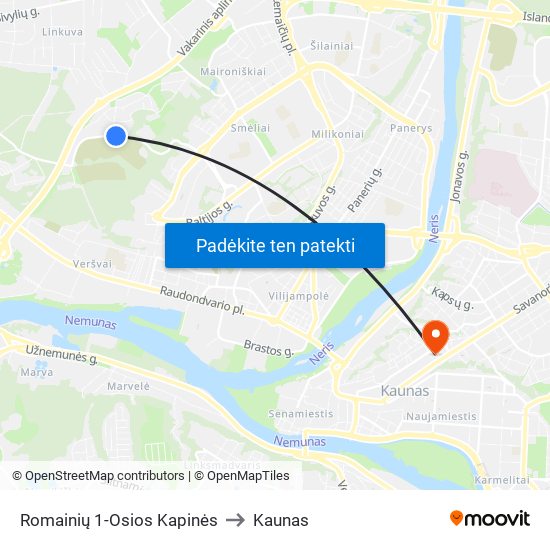 Romainių 1-Osios Kapinės to Kaunas map